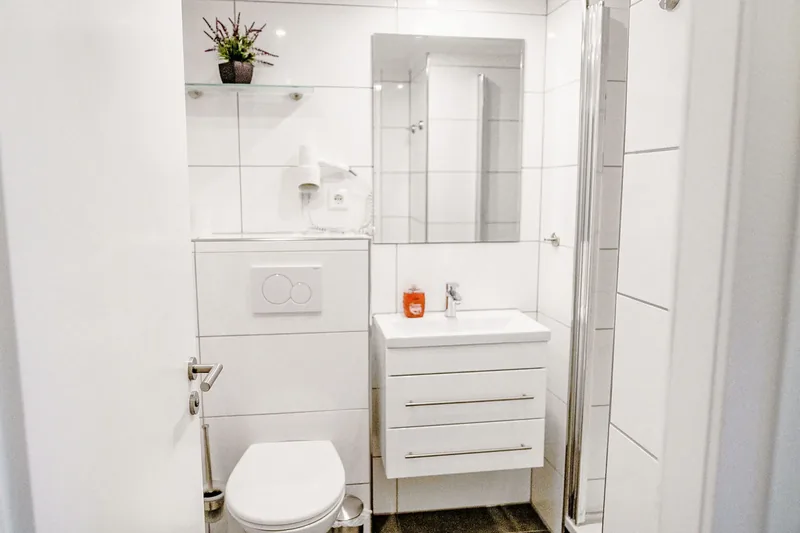 Badezimmer mit Dusche, WC und Waschbecken
