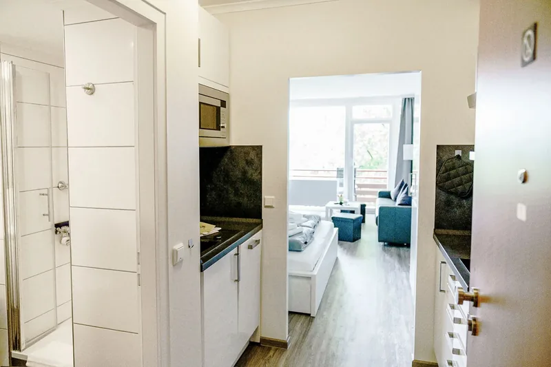 Eingangsbereich mit Küchenzeile und Blick ins Appartement