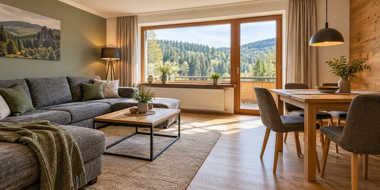 Symbolbild einer hellen Ferienwohnung im Harz mit Holz, Sofa und Essplatz