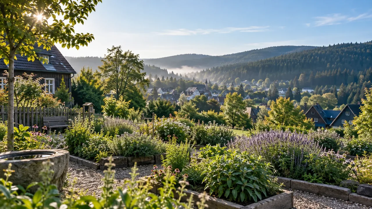 Symbolisches Reisemotiv für Urlaub in Altenau: Kräutergarten und bewaldete Hügel