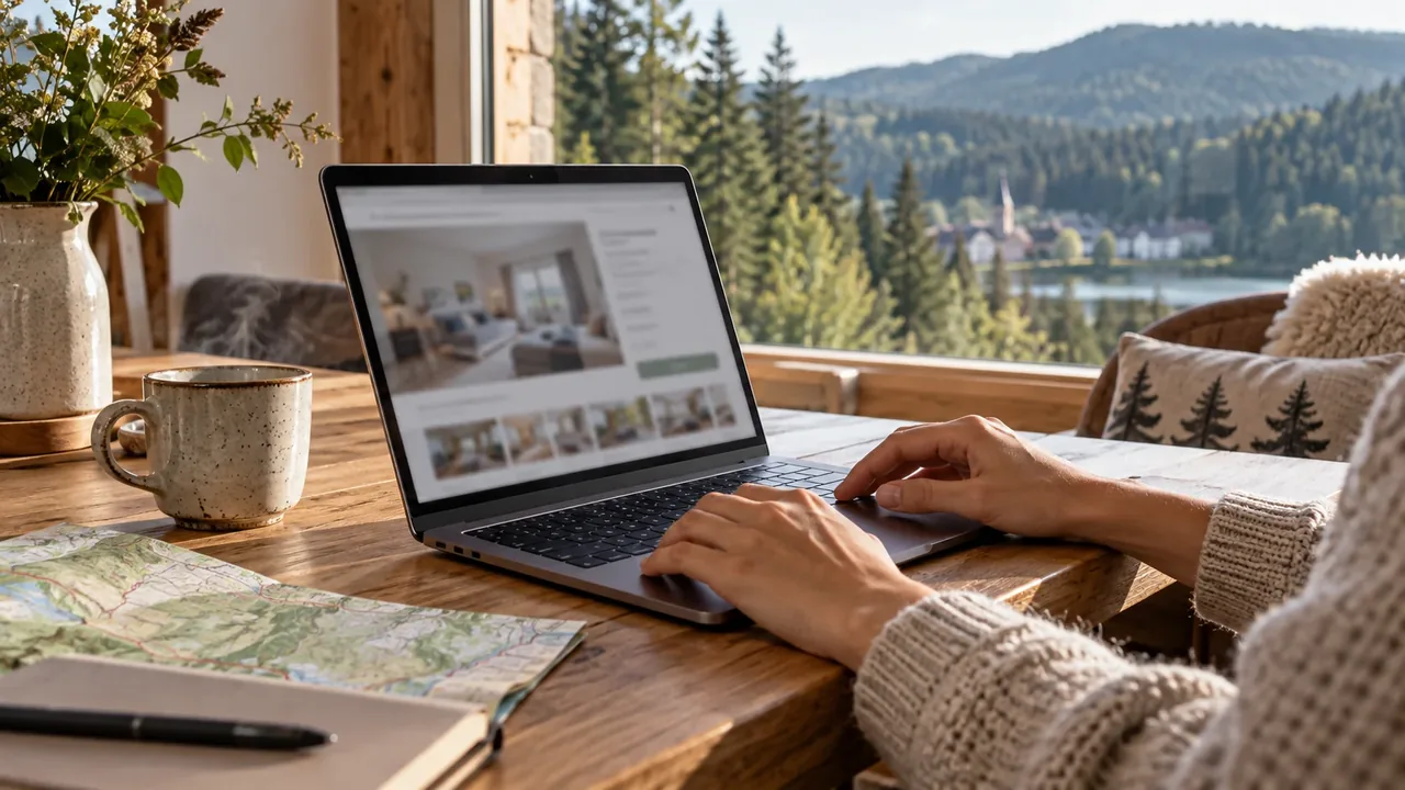 Symbolbild für die Onlinebuchung: Hände an einem Laptop