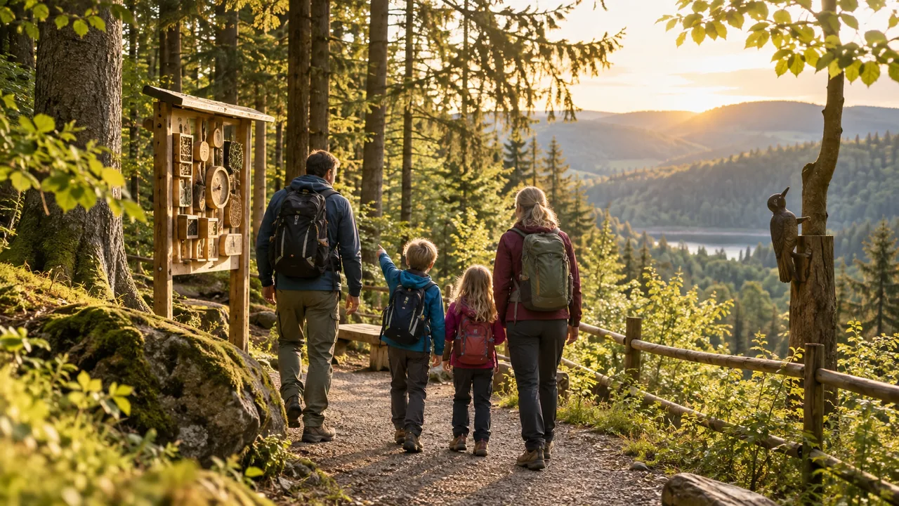 Familienurlaub im Harz: Familie von hinten auf einem Naturerlebnisweg