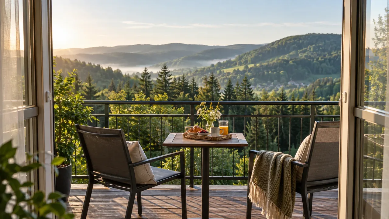 Symbolbild eines möblierten Balkons mit Frühstück und Blick in die Harzlandschaft
