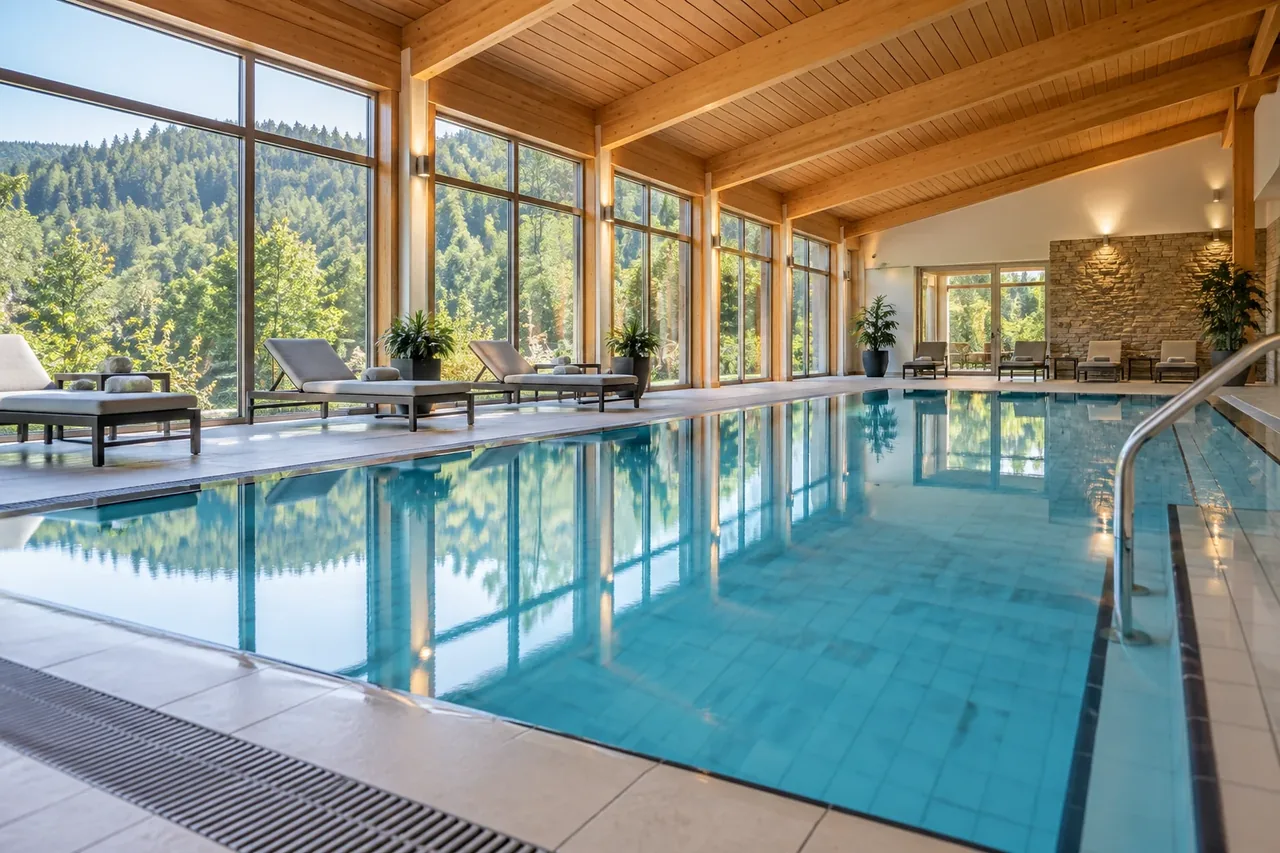 Symbolbild eines Hallenbads mit Holzdetails und Waldblick