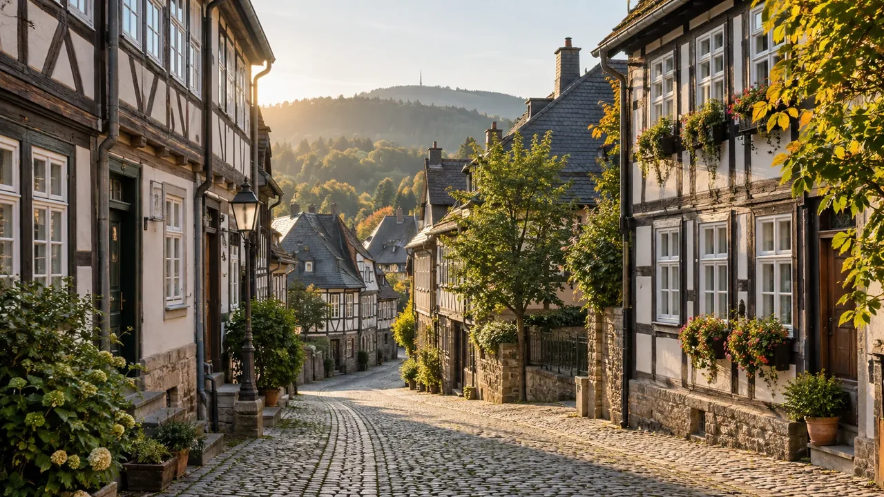 Symbolisches Reisemotiv für Urlaub in Goslar: Altstadtgasse mit Fachwerk und Kopfsteinpflaster