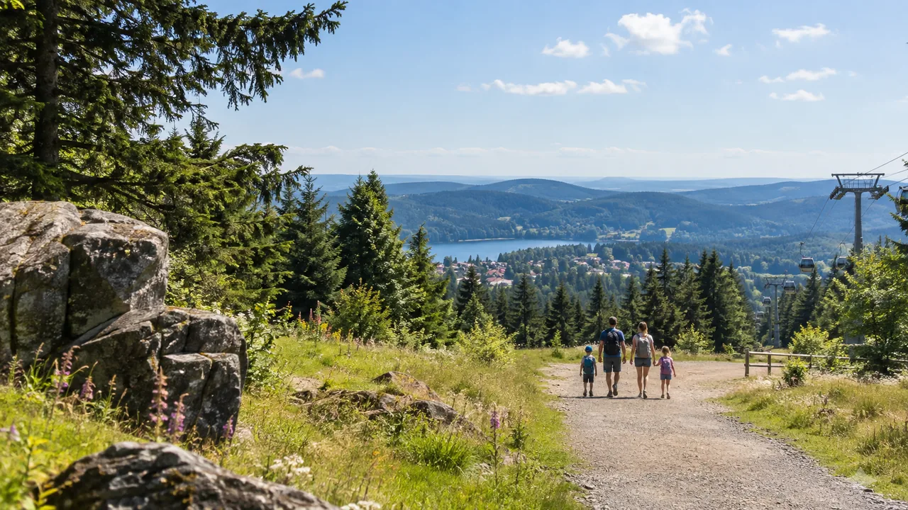 Familienurlaub im Harz: Familie von hinten auf einem breiten Freizeitweg am bewaldeten Berg mit Blick auf einen See