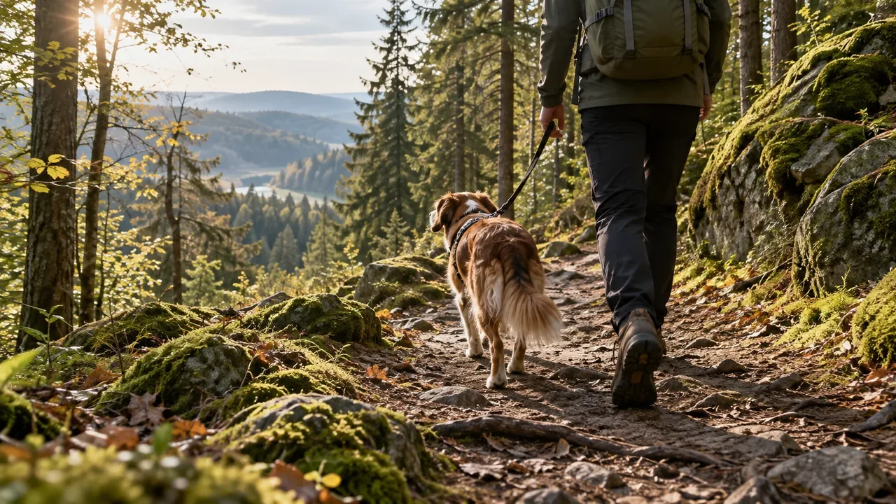 Hundefreundlicher Wanderurlaub im Harz: Hund an der Leine auf einem Waldweg