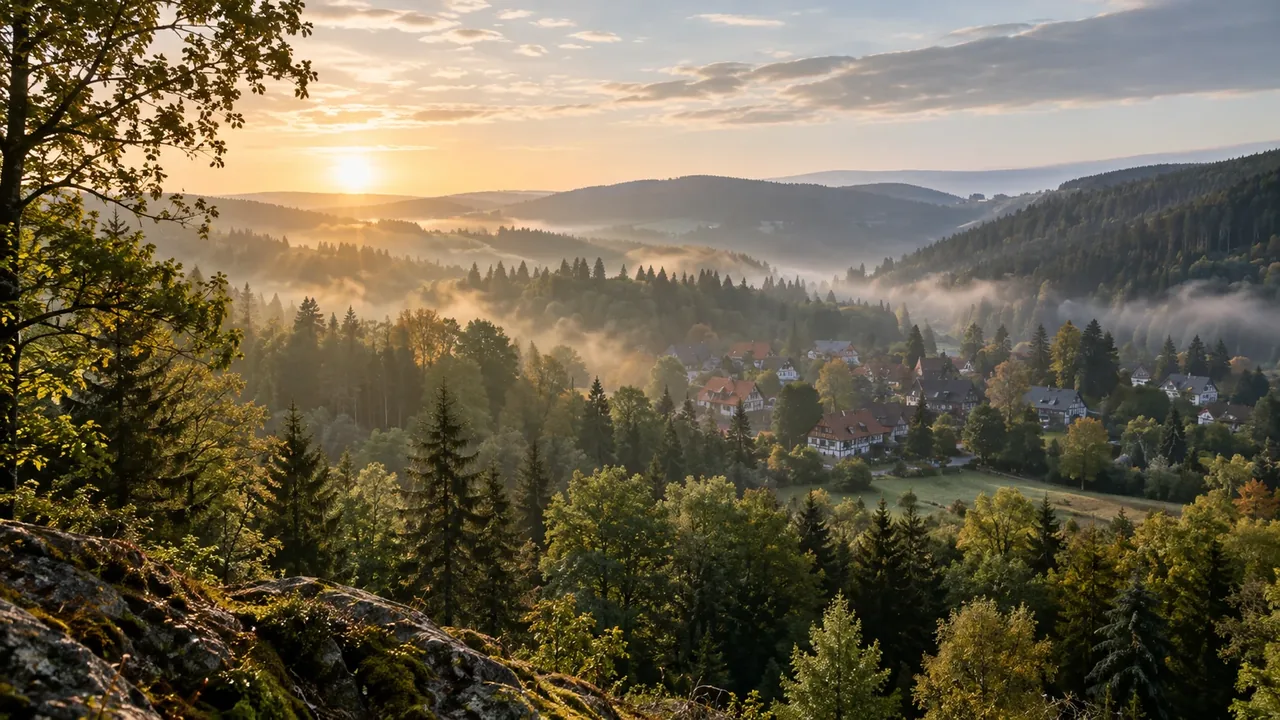 Stimmungsvolles Harz-Panorama mit bewaldeten Hügeln und Fachwerkhäusern als Symbolbild