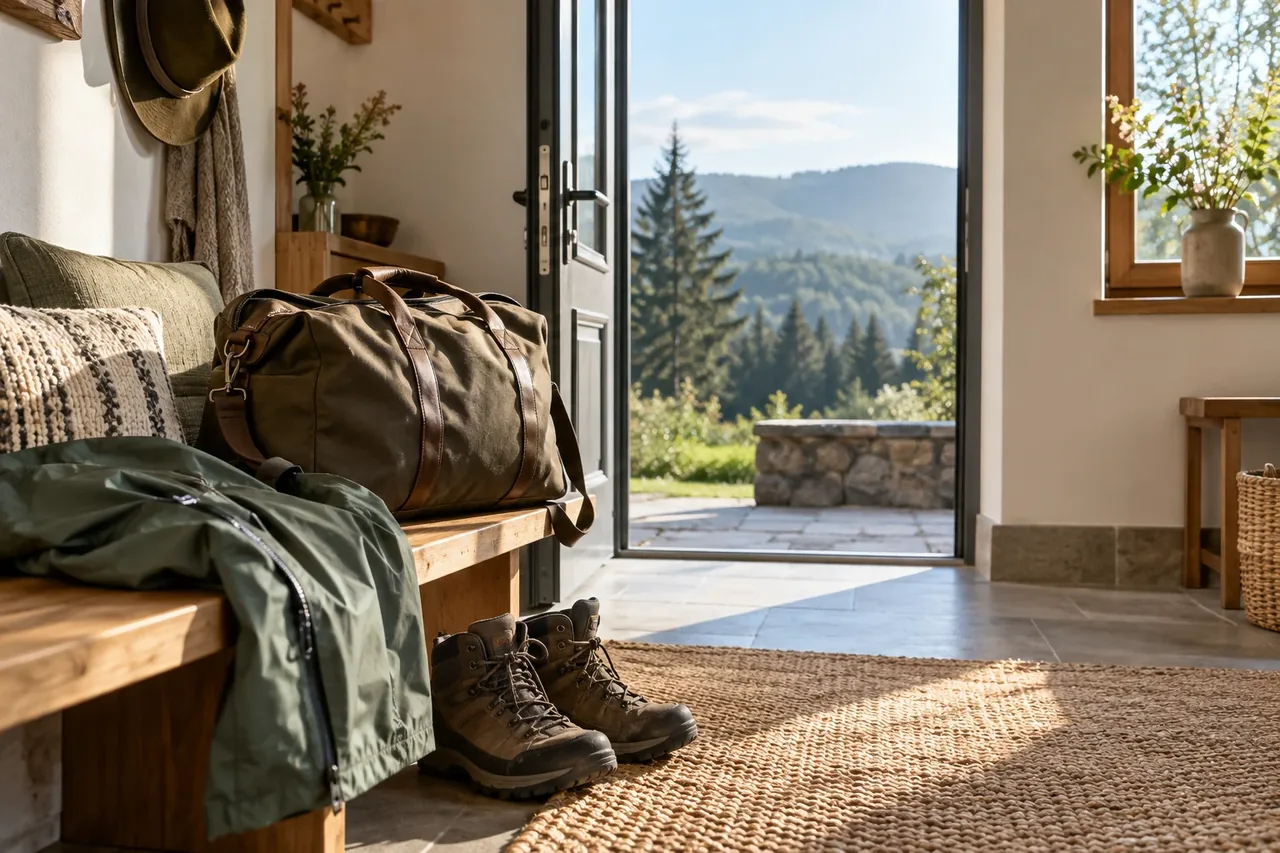 Symbolbild für eine spontane Reise in den Harz: Reisetasche und Wanderschuhe an einer geöffneten Tür