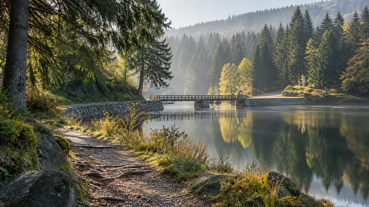 Symbolisches Reisemotiv für den Oberharz: Waldweg und Teichlandschaft