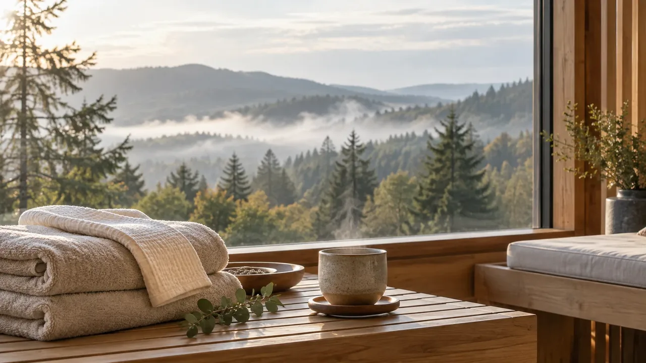 Symbolbild für Wellnessurlaub: Handtücher und Keramiktasse vor nebligem Waldblick