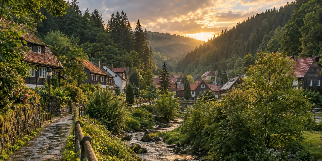 Symbolisches Reisemotiv für Urlaub in Wildemann: kleines Oberharzer Dorf im grünen Tal