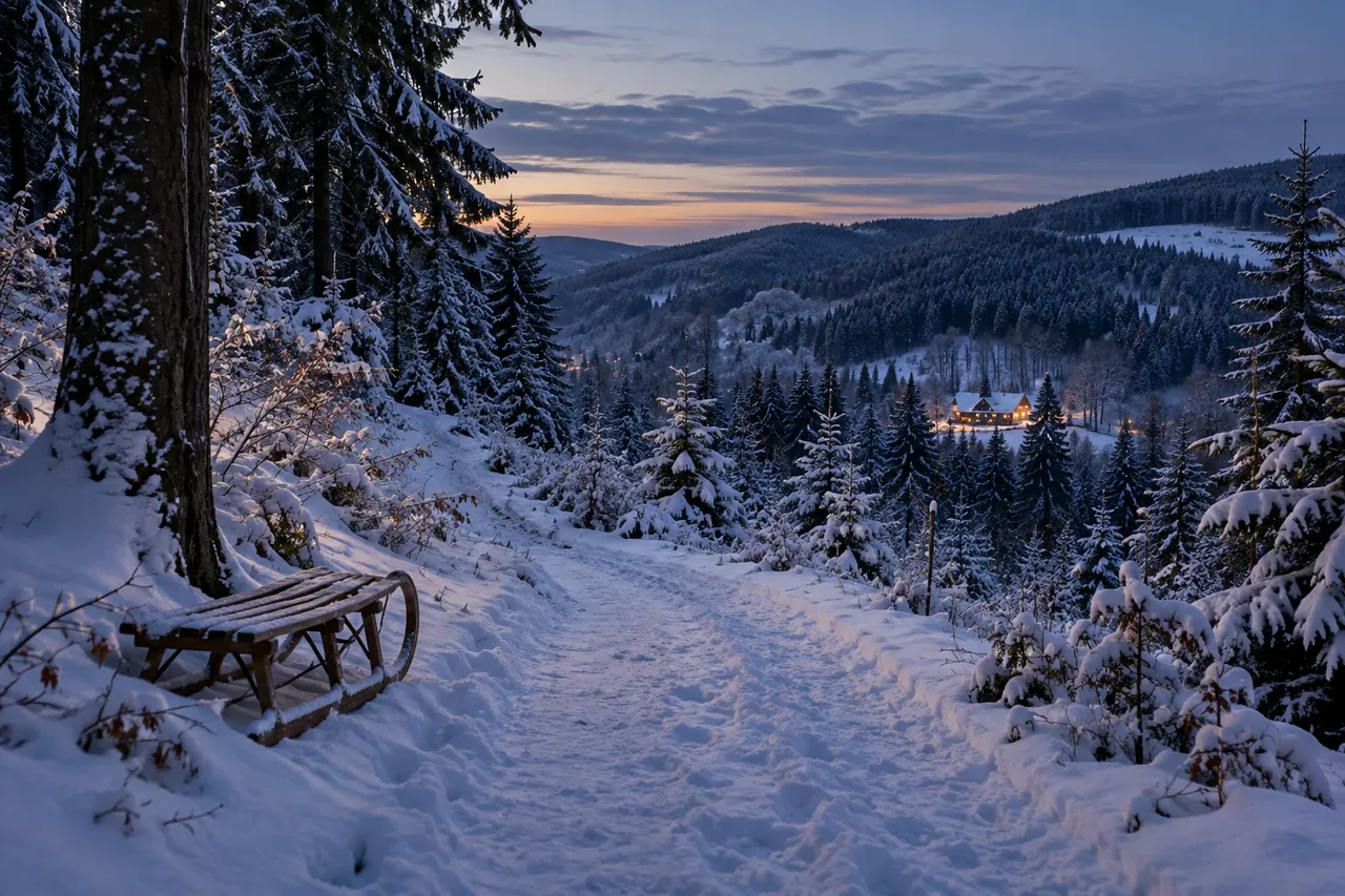 Winterurlaub im Harz: verschneiter Waldweg mit Holzschlitten