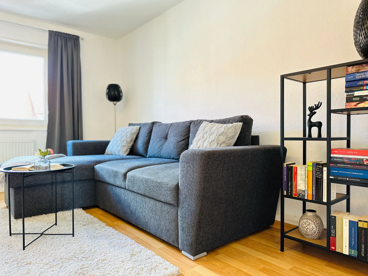 Wohnbereich mit Ecksofa und Bücherregal – Bäringer Auszeit in Goslar