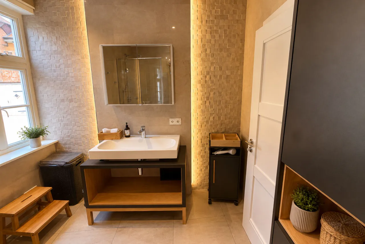 Badezimmer mit Waschtisch und Spiegel – Logierhof Goslar Wohnung 1 in Goslar