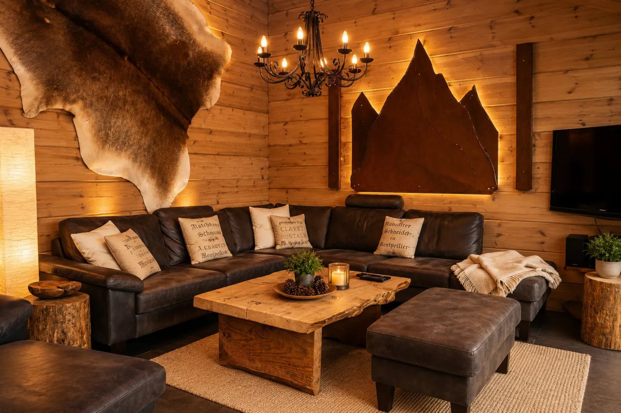 Wohnbereich mit Ledergarnitur, Kronleuchter und Wandrelief – Chalet Bocksberg in Hahnenklee