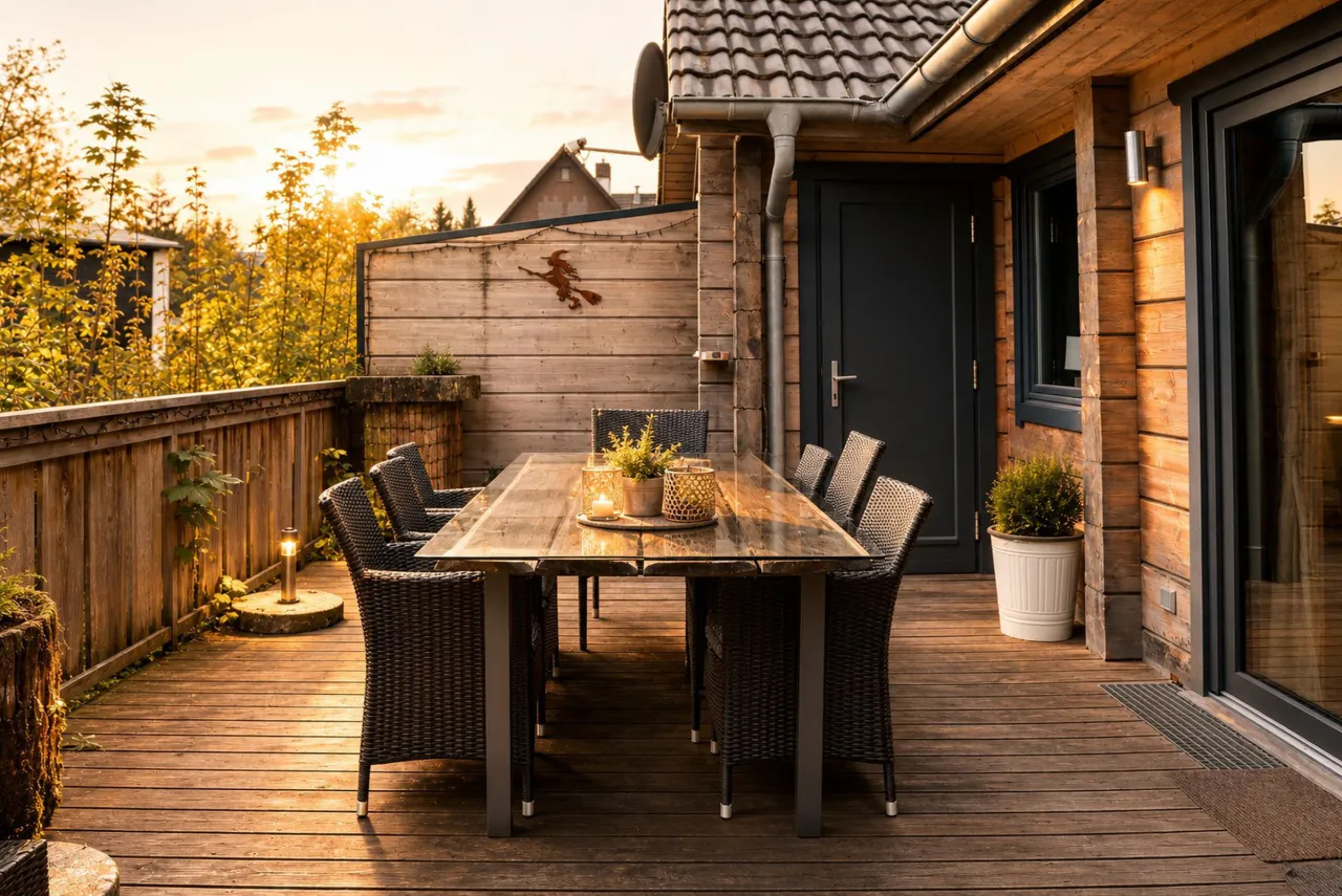 Terrasse mit Esstisch und Gebäudeansicht – Chalet Bocksberg in Hahnenklee