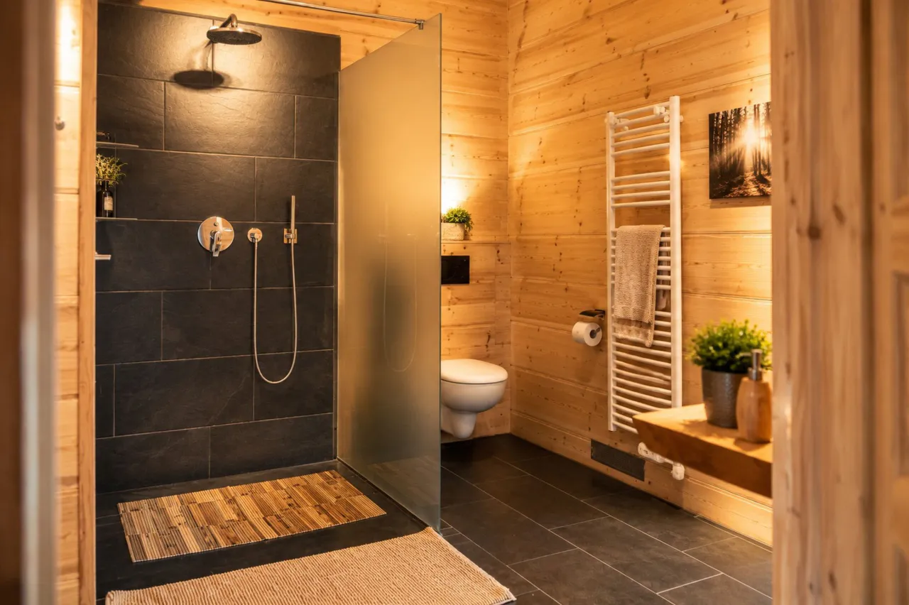 Badezimmer mit begehbarer Regendusche und WC – Chalet Bocksberg in Hahnenklee