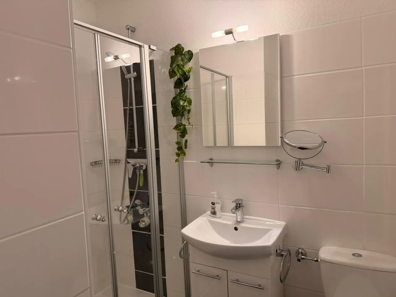 Badezimmer mit Dusche, Waschtisch und WC – Haus Vier Jahreszeiten am See Bergzauber Hahnenklee in Hahnenklee