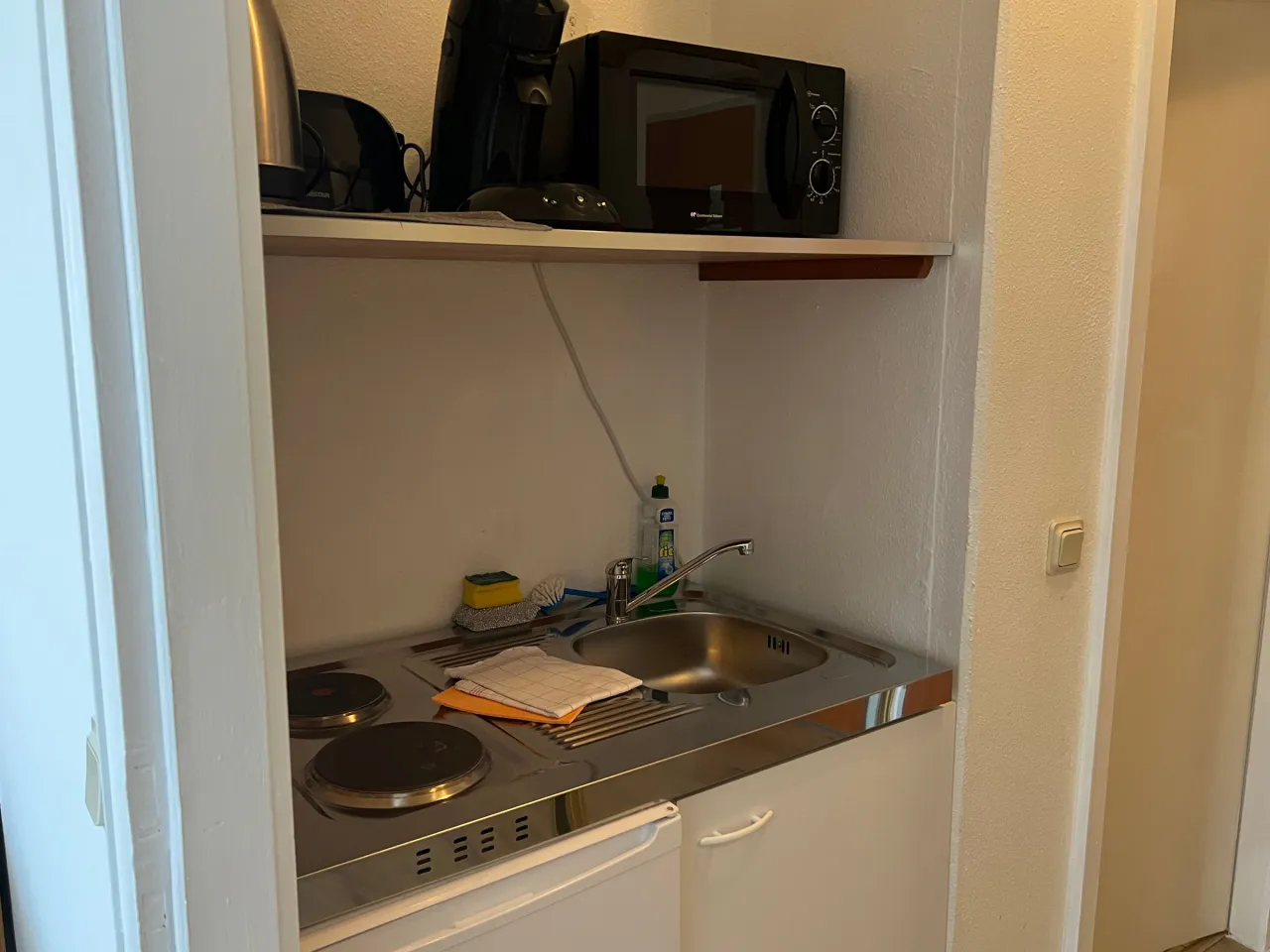 Küchenzeile mit Kochplatten, Spüle und Mikrowelle – Haus Vier Jahreszeiten am See Die Stille in Hahnenklee