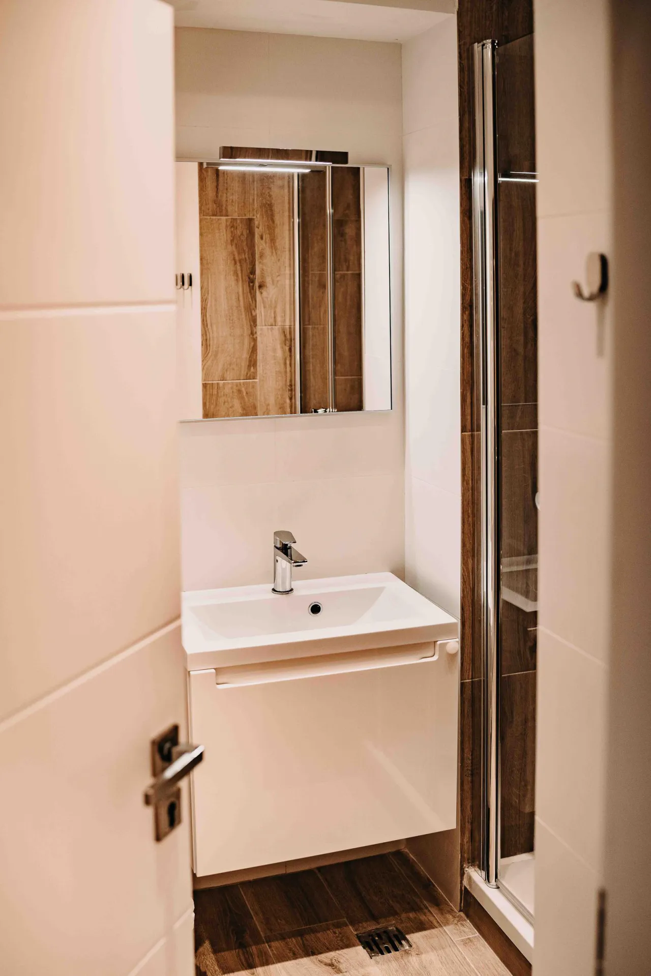 Badezimmer mit Waschtisch, Spiegel und Dusche – Haus Vier Jahreszeiten am See HS 721 B in Hahnenklee