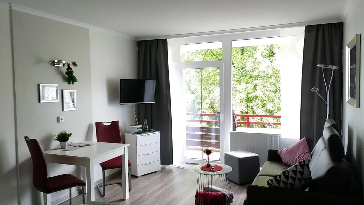 Studio mit Essplatz, Sofa und Balkonzugang – Haus Vier Jahreszeiten am See Kranich Nest 336 in Hahnenklee