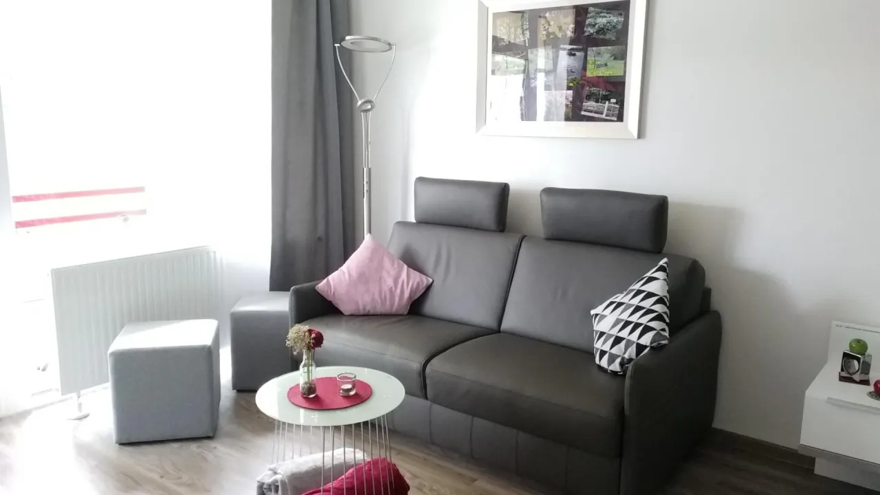 Sitzbereich mit Sofa und Beistelltisch – Haus Vier Jahreszeiten am See Kranich Nest 336 in Hahnenklee
