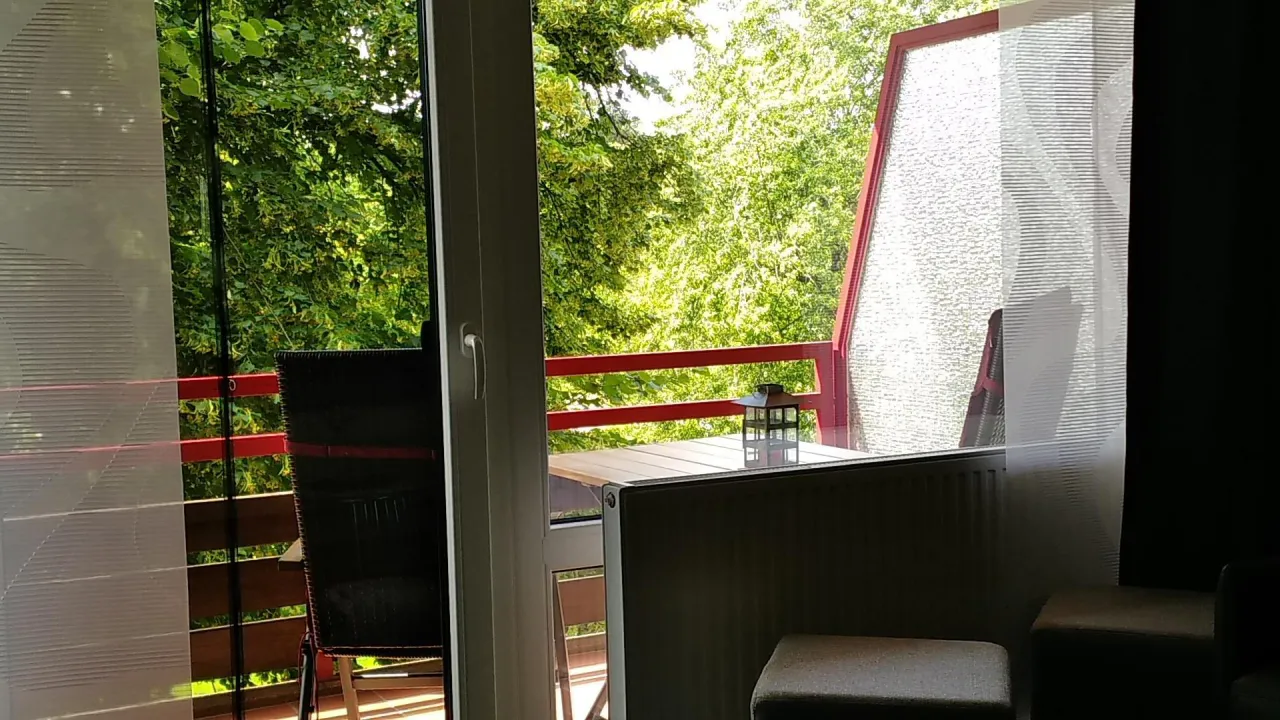 Balkonzugang mit Blick auf die Terrasse – Haus Vier Jahreszeiten am See Kranich Nest 336 in Hahnenklee