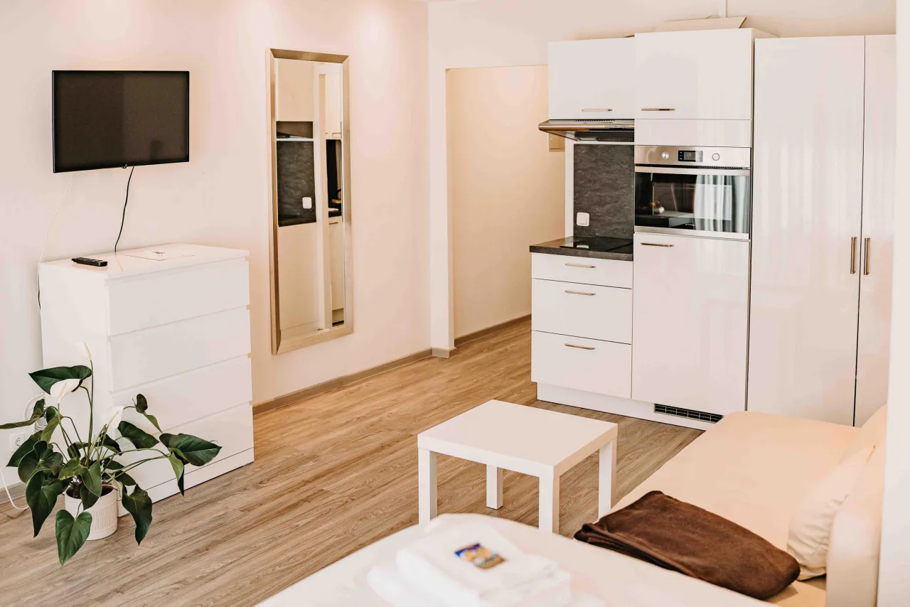 Wohnbereich mit Fernseher, Kommode, Standspiegel und Küchenzeile – Haus Vier Jahreszeiten am See Penthouse Klee in Hahnenklee
