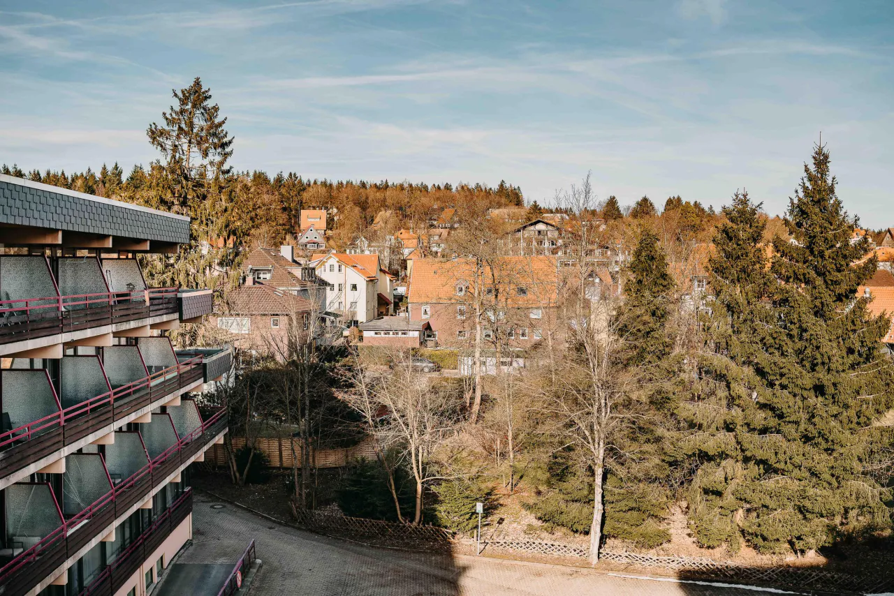 Blick vom Balkon über die Dächer von Hahnenklee – Haus Vier Jahreszeiten am See Penthouse Klee in Hahnenklee