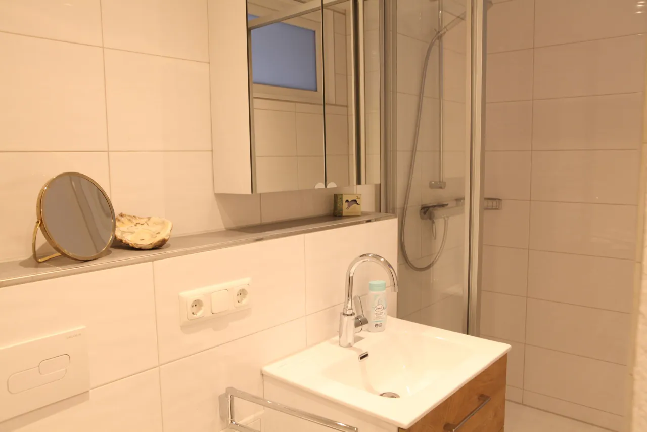 Badezimmer mit Waschtisch und Spiegelschrank – Harz-Hütte am Bohlweg in Wildemann